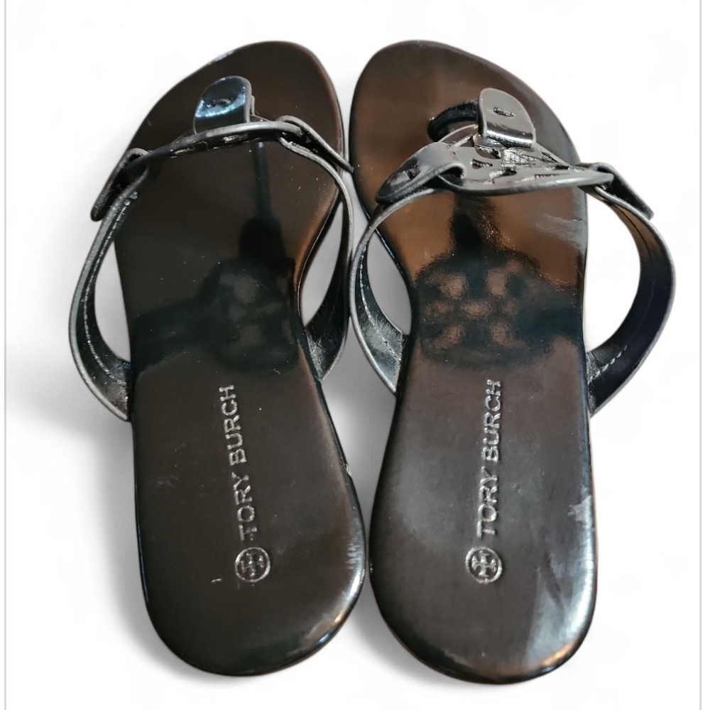 Tory Burch Miller Sandals Black Patent Leather 7.5 Designer Luxury Resort Y2K - Picture 6 of 8
